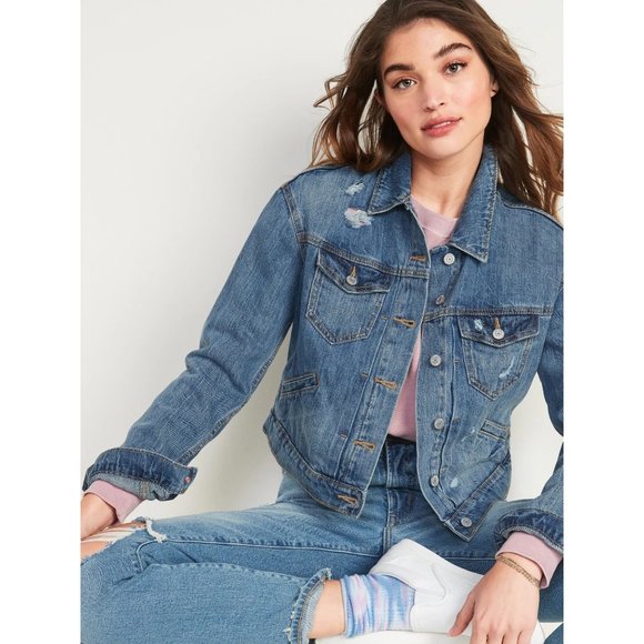 Old Navy Cropped Denim Jean Trucker Jacket Women XS Distressed Blue Chic Trendy - Picture 1 of 9